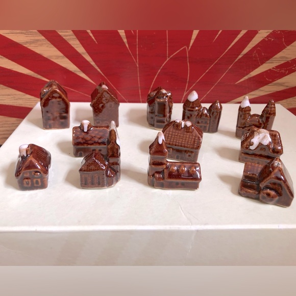 Vintage Bundle of (12) Ceramic Brown Drip Glazed Miniature Buildings - Picture 1 of 15
